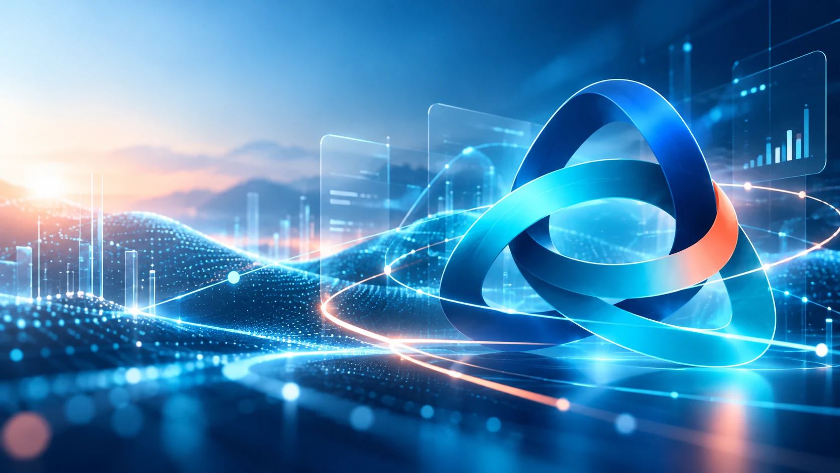 Composición abstracta de inteligencia artificial, redes de datos e innovación tecnológica